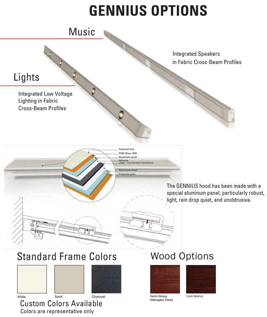 Gennius options - integrated speakers, integrated lighting, aluminum hood, custom colors, 2 wood choices
